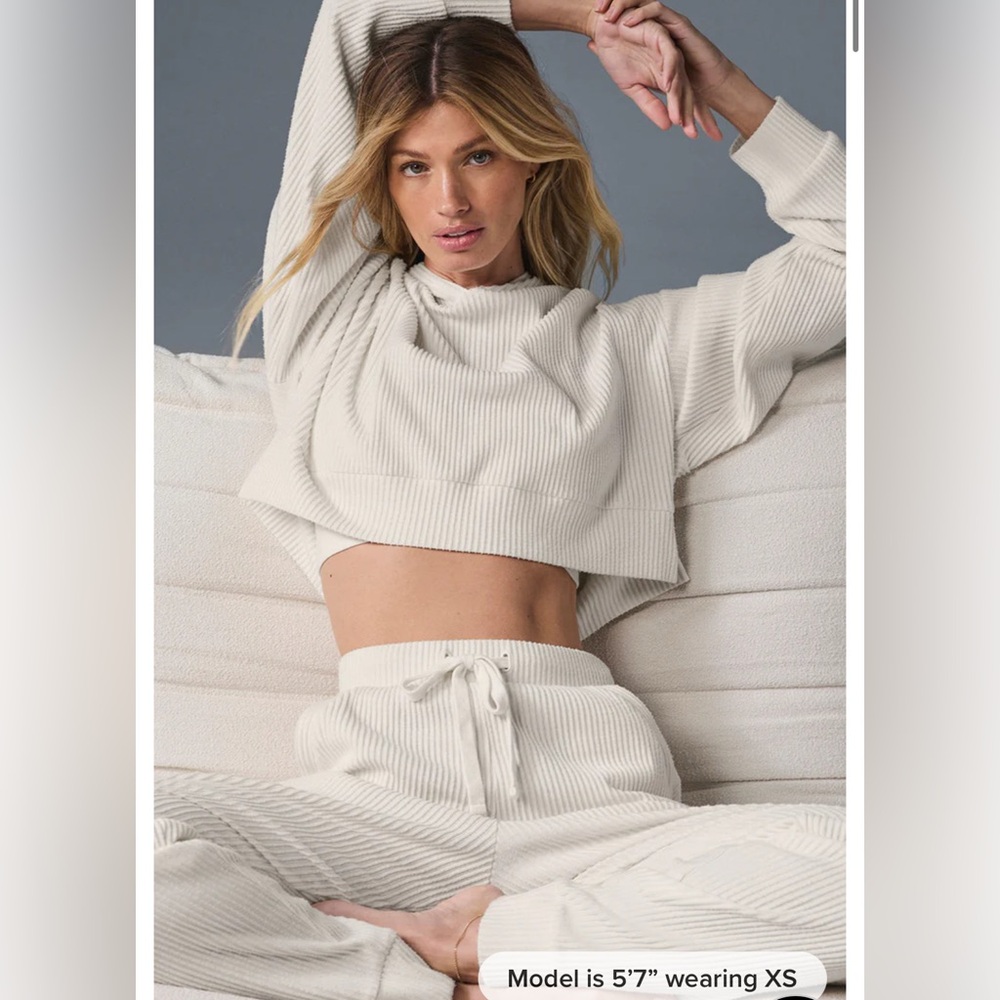 ALO Yoga Muse Hoodie and Pants Bone Heather Ribbed Sweater Set